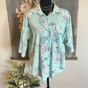 Jess Vintage 70s 80s Blue America Commerce Travel Button Up Coastal Blouse Sz XL